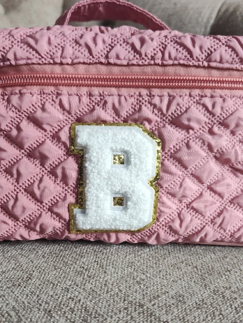 Yoolife Pink Quilted Zippered Travel Case with Handle And  'B' Glittered Patch